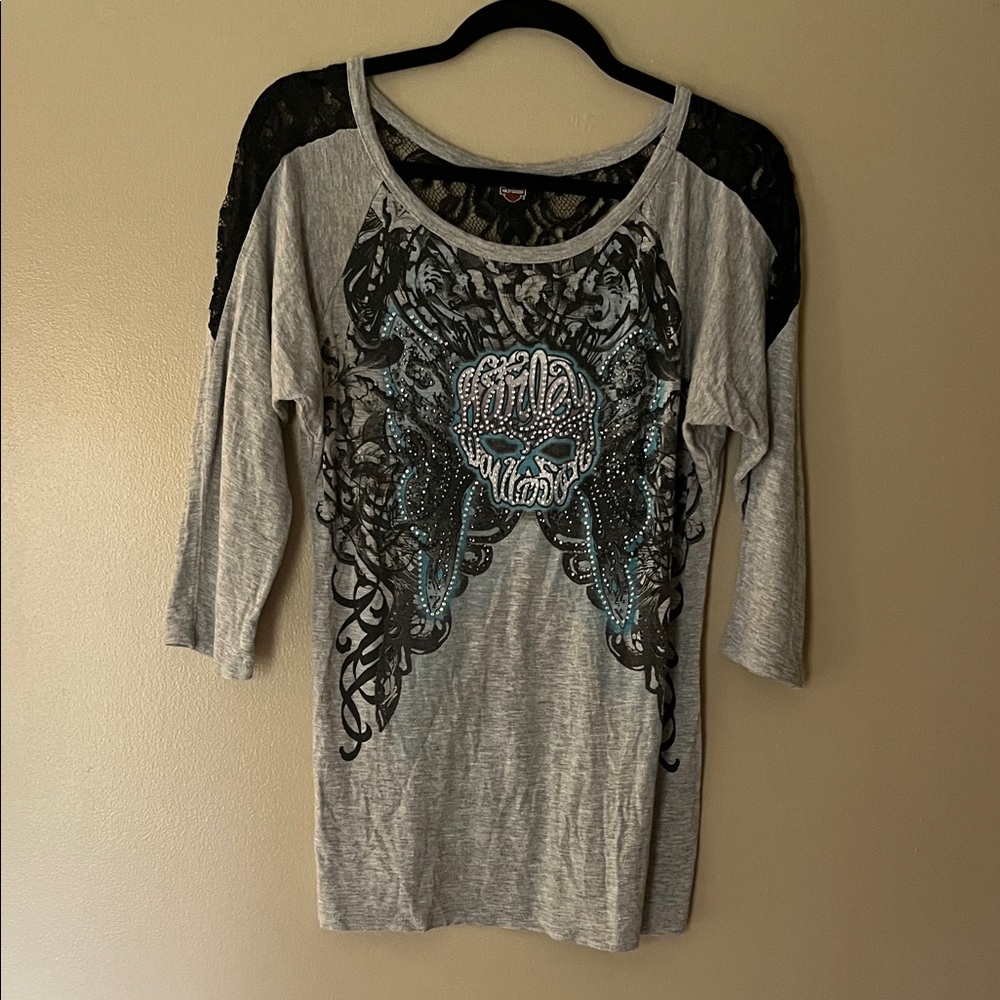 Harley-Davidson Gray and Black Graphic Long Sleeve Top
